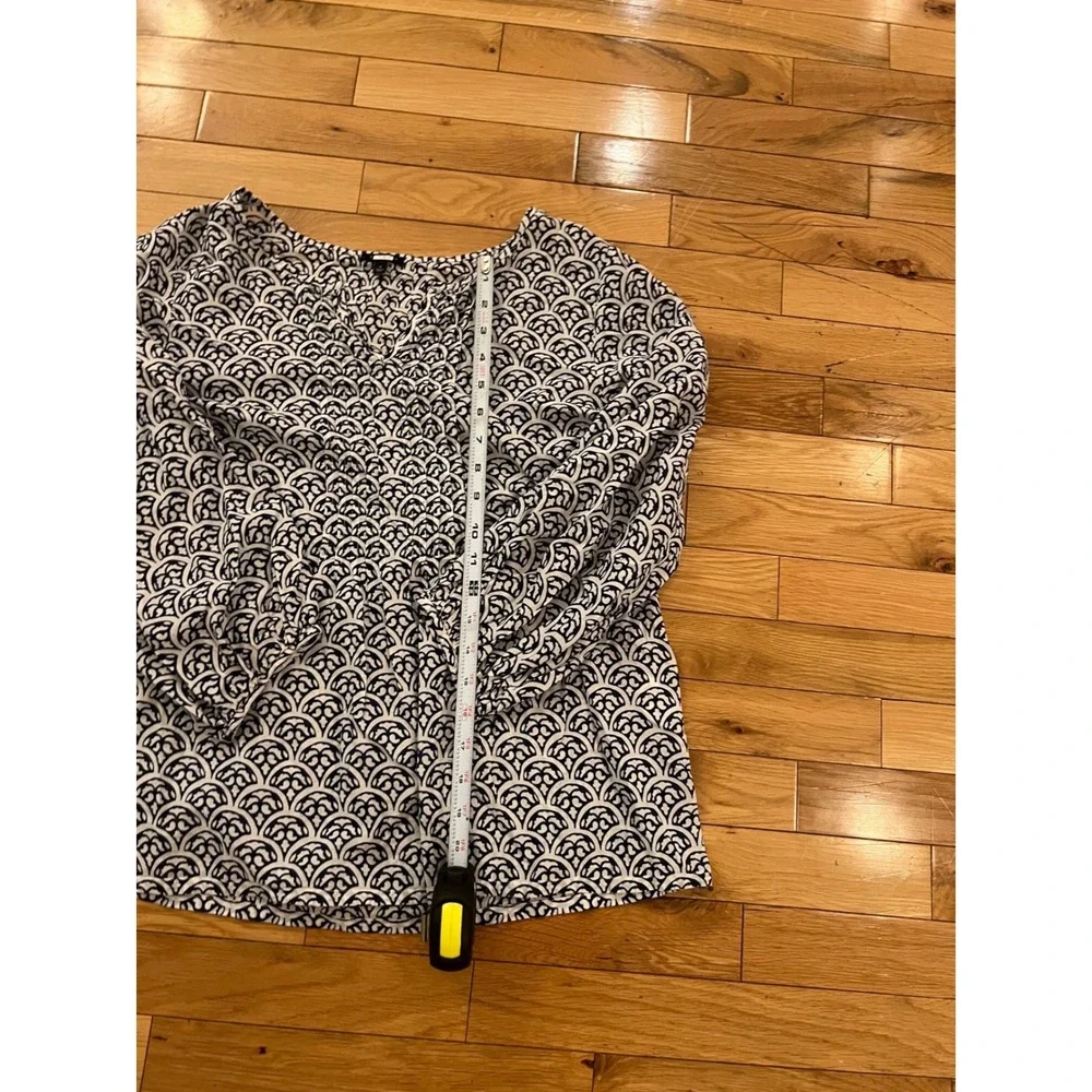 Talbots Navy White Geometric Fan Print Scoop Neck‎ 3/4 Puff Sleeve Blouse Small